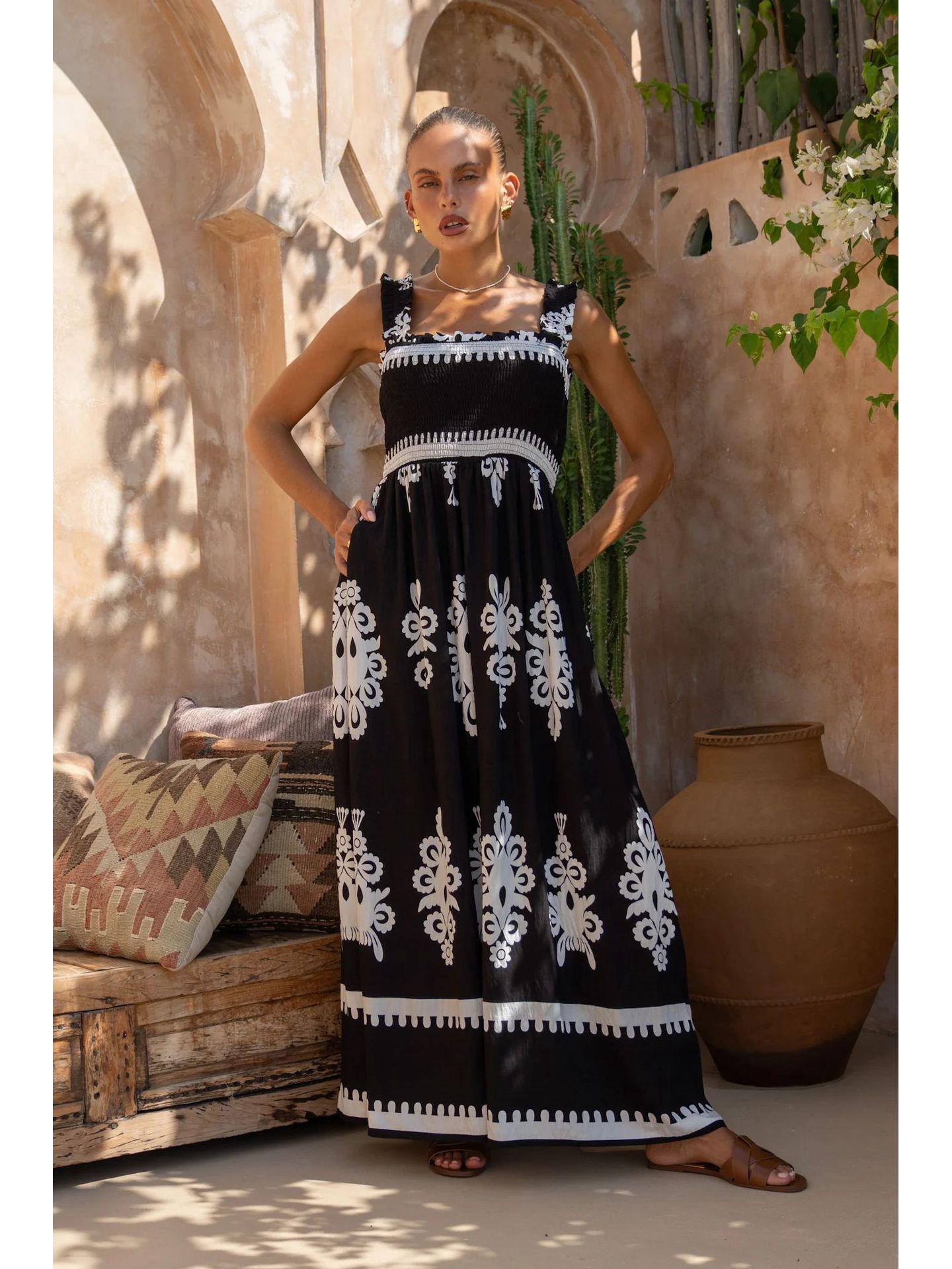 

Пятно 25 Европейское и американское женское праздничное пляжное платье-слинг с принтом Small чёрный