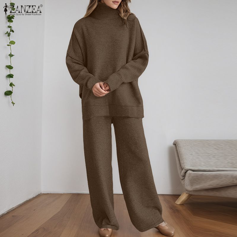 ZANZEA Damen Langarm Rollkragen Bluse und Hose Herbstpullover Zweiteilige Anzugsets