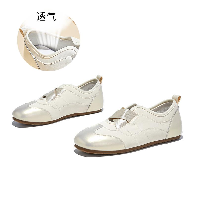 Leather Little White Shoes Women's Autumn New Fashion Single Shoes Flat Bottom Cross Elastic Band Niche Single Shoes Ballet Style