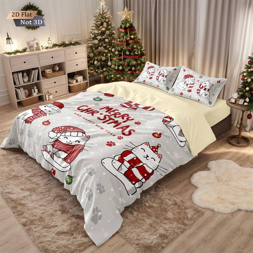3pcs Christmas Cartoon Kitten Printed Chipless Bedding Set Soft Dormitory Bedroom Multiple Sizes Machine Washable