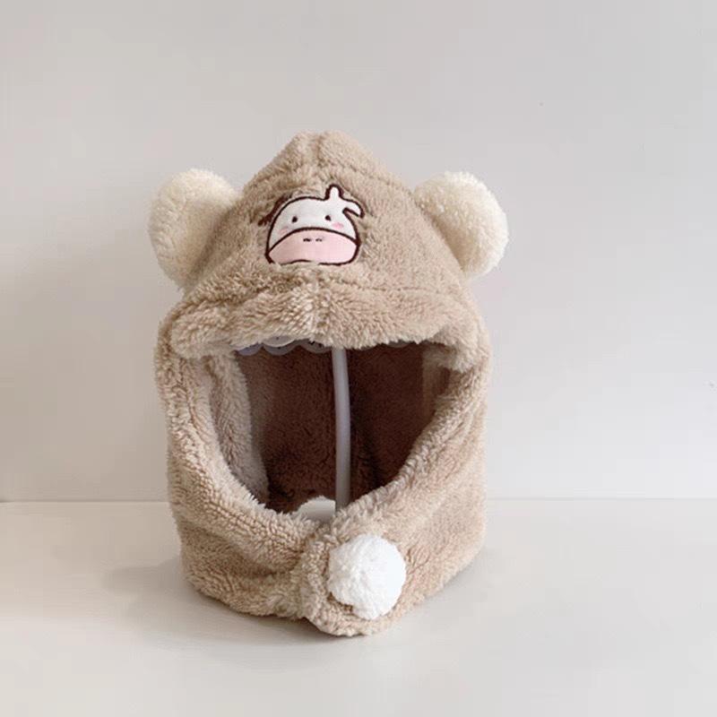 Winter Baby Scarf Hat One Piece Cute Cartoon Kids Plush Ear Protection Cap Boys Girls Warm Headgear Children Hooded Beanies