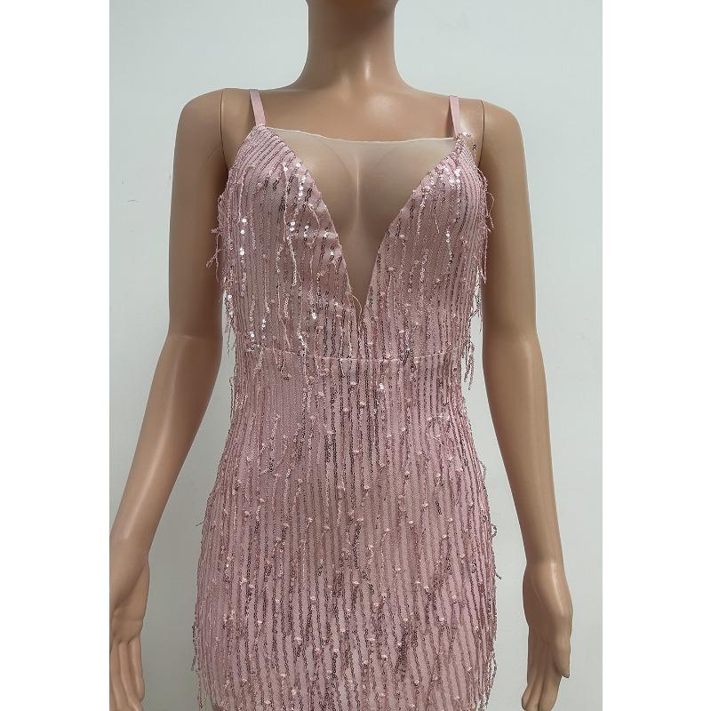 Summer Women's Holiday Style Deep V See-through Sequin Dress French Fringe Halter Dress