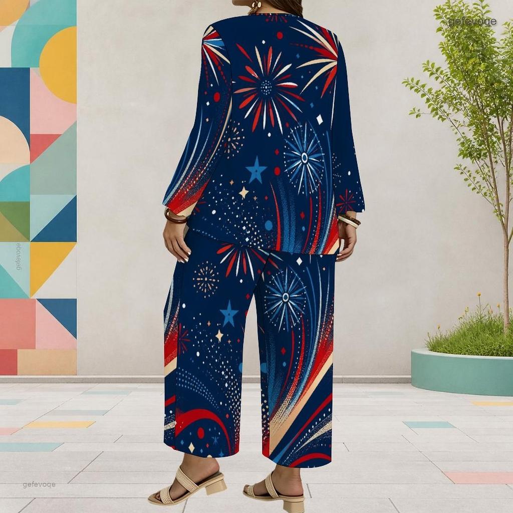 Women Plus Size Round Neck Long Sleeve Firework Star Printed Layered Top Wide Leg Cropped Pants Two Piece Set