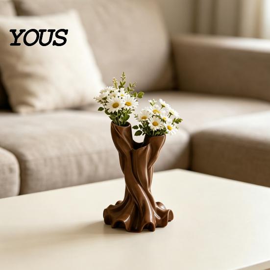 Decorative Table Centerpiece 3D Printed Flower Vase, Matte Wood Grain Double Tube Ornament, Mid Living Room Ornament Century Style Floral Arrangement,