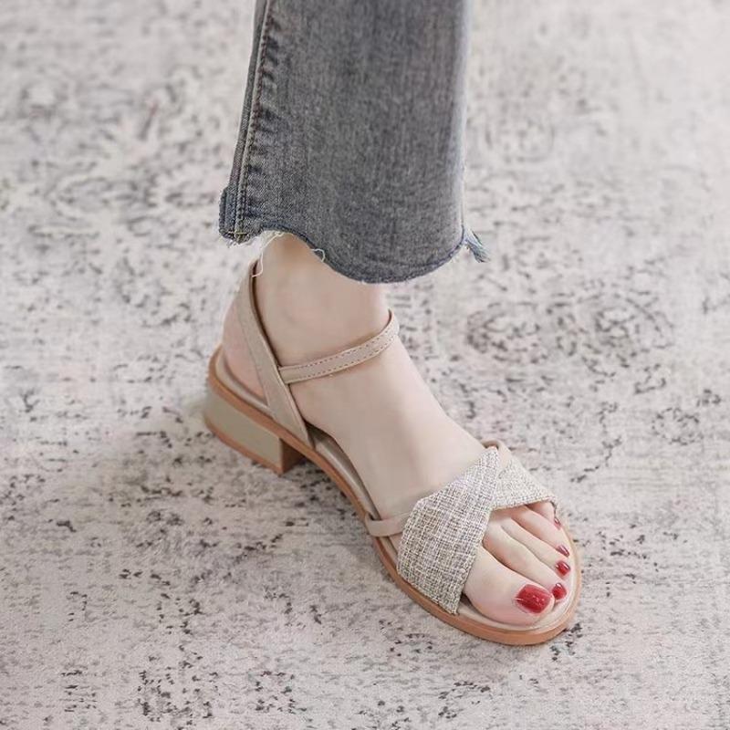 Fashion Fashion Retro Roman Sandals Womens 2025 Summer New Mid-Heel One-Word Buckle Womens Sandals Lady Style High Heels Women
