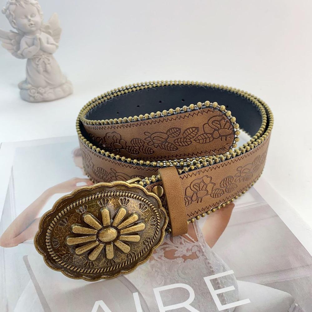 Zinc Zinc Alloy Cowgirl Buckle Belt Vintage Flower PU Hollow Belt Fashion Cowboy Waistband  Dress Decoration