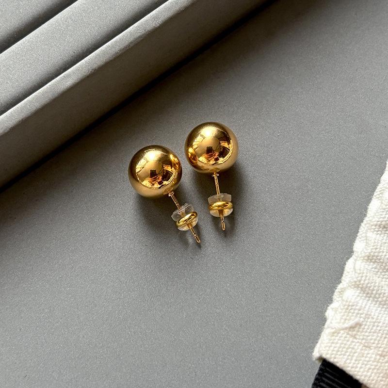 Sterling Silver Needle Gold Ball Stud Earrings Women's Cold Wind Earrings Real Gold Electroplated Earrings