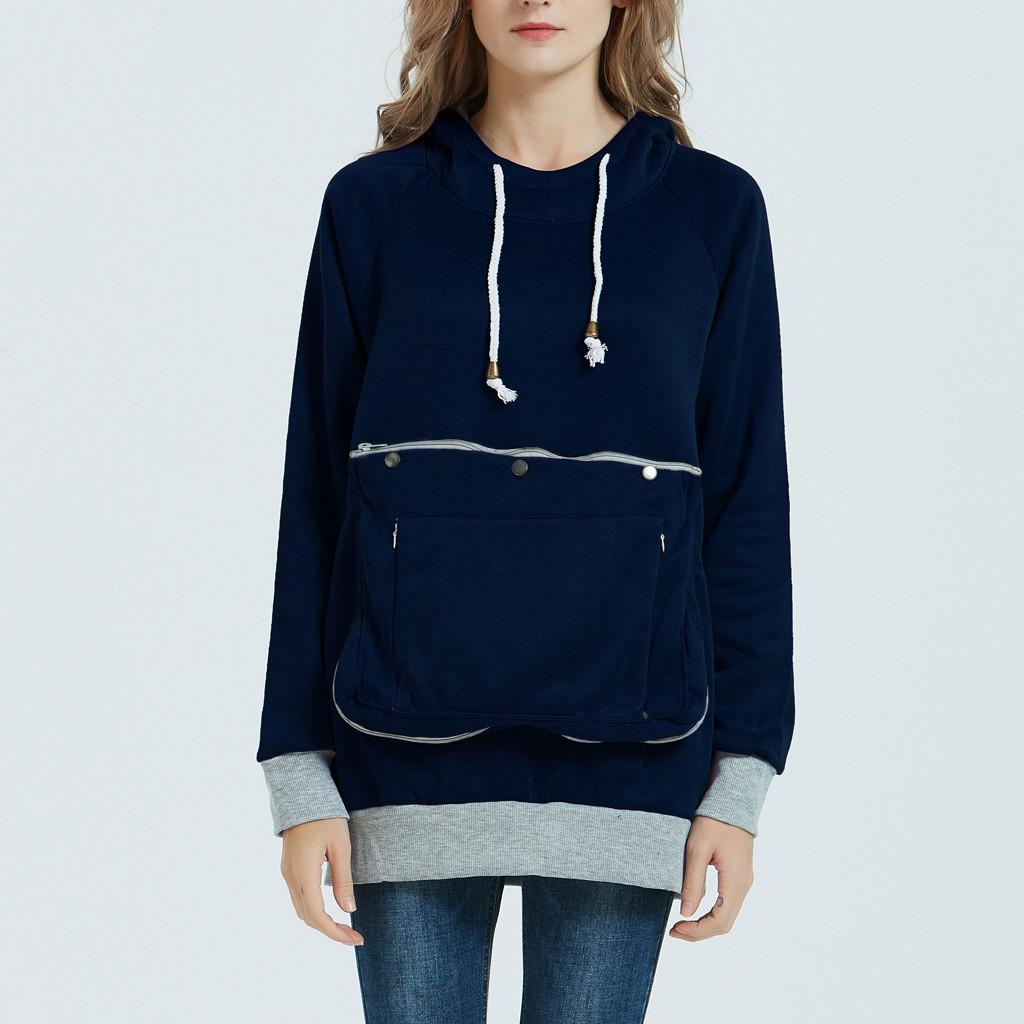 Fashion Women's Solid Big Pocket Long Sleeves Hooded Sweatshirt Blouse Tops