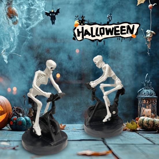 Halloween Fahrradfahrender Skelett Statue Animierte Fitness Fahrrad Skelett Figur Harz Skulptur