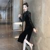 YONGO Long Cheongsam Chinese Black Elegant and Perfect for Weddings and Receptions Women's Dress, Style, Velvet, Stand-Up Collar, Stylish, (Size 6,