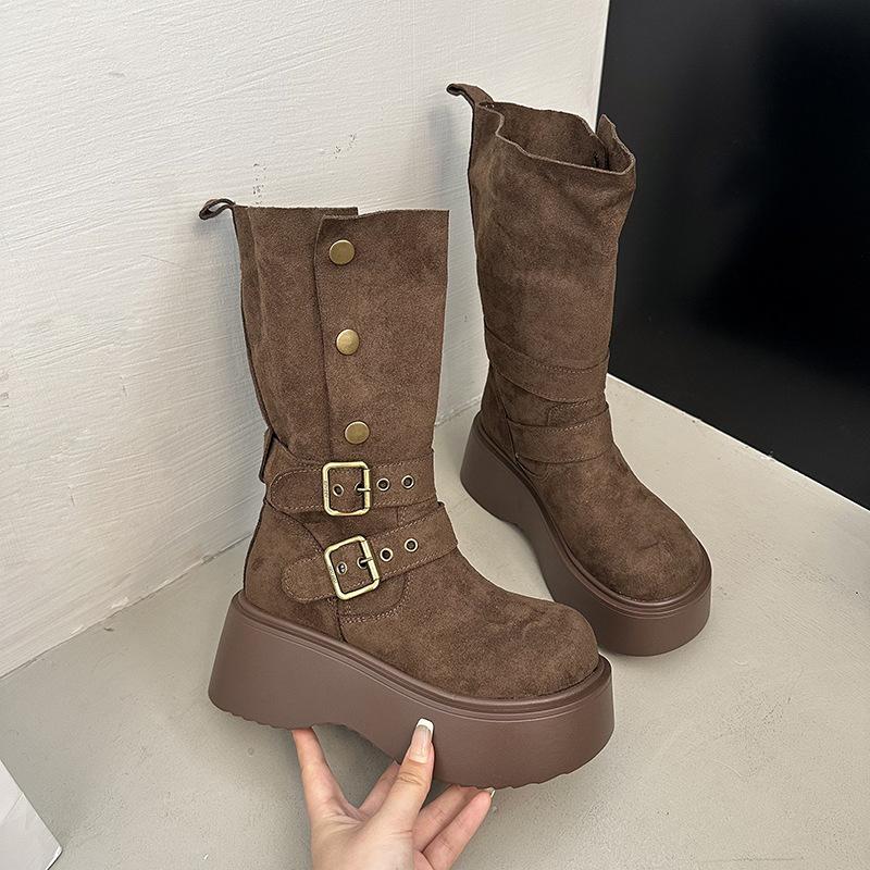 

Fashion Vintage Thick Heels Slip on Women Boots Fashion Belt Buckle Shoes Autumn Winter Ladies Modern Mid Calf Boots Bottes Femmes 35 40 35