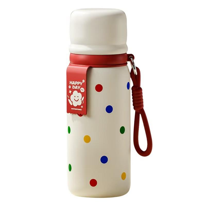 Polka Dot Insulated Bottle For Girls With Straw And Carrying Cord For School And Travel