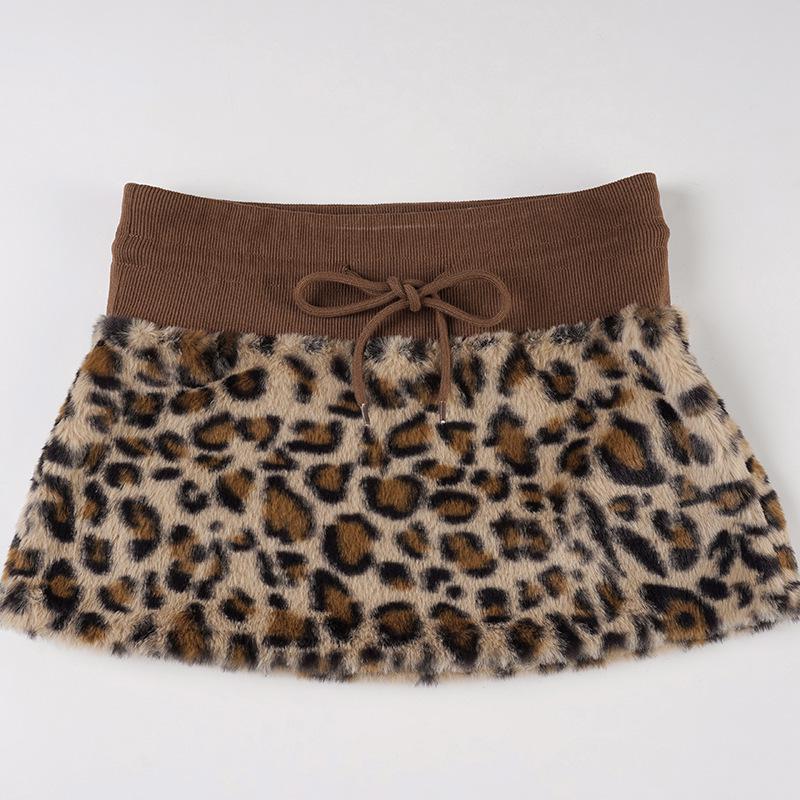 Y2K Leopard Patchwork Lace-Up Mini Skirt with Waistband