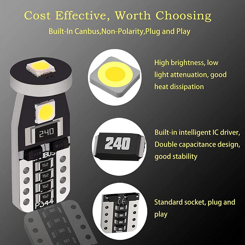 2/10 PCS T10 W5W LED Bulbs CANBUS Car Interior Dome Door Map Trunk License Plate Lights 12V 3030-3SMD 200LM 6000K Bright White Bulbs 7