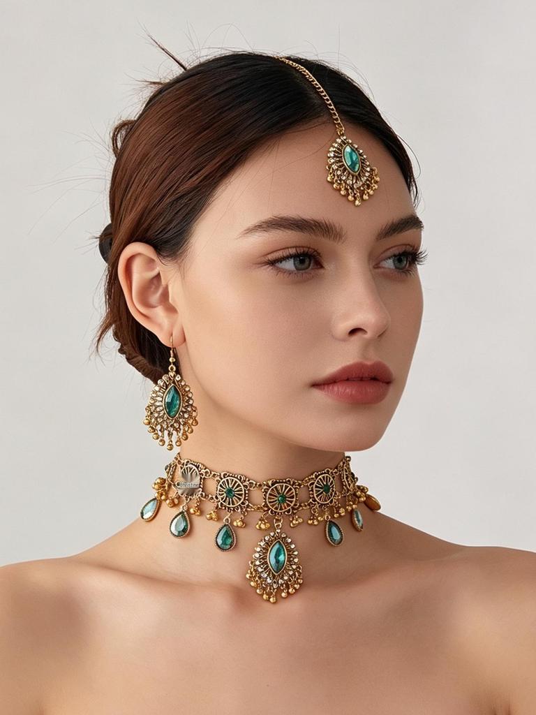 Exotisches Strass-Augen-Quasten-Schmuckset: Halskette, Ohrringe, Stirnanhänger
