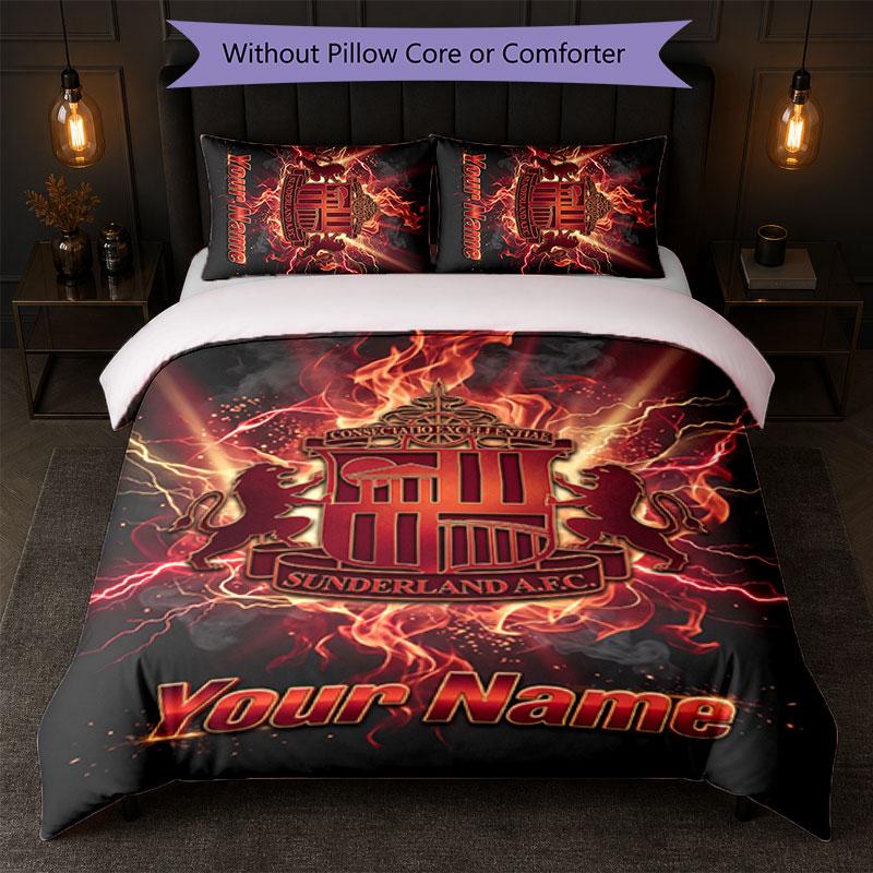 Set Biancheria da Letto Personalizzato Sunderland FC con Nome Testo 1 Copripiumino+2 Federe Logo Calcio Regalo Personalizzato per Occasione Speciale Decorazione Camera da Letto