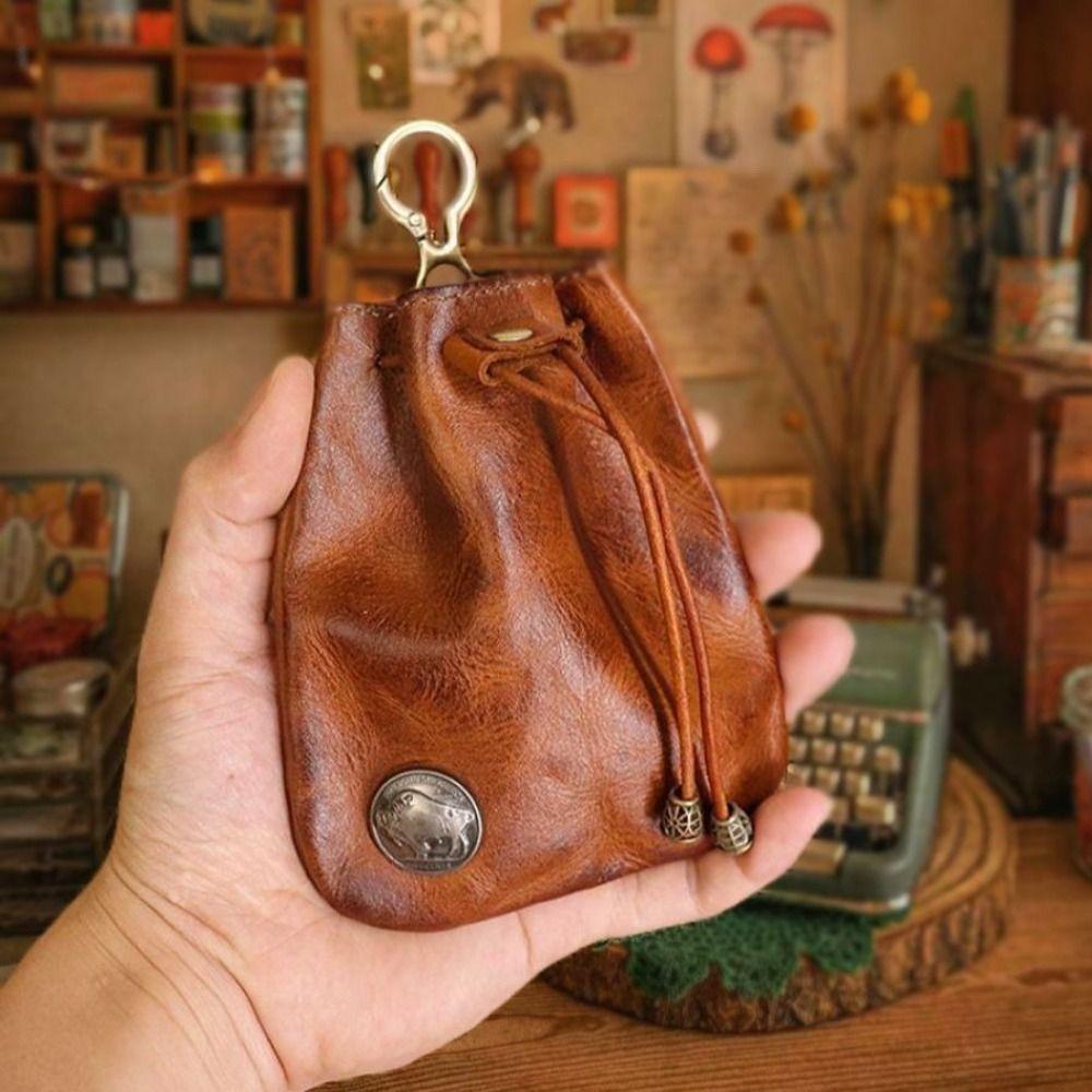 Retro Pouch Change Purse Mini Key Ring Coin Purse Retro Drawstring Key Wallet  For Men