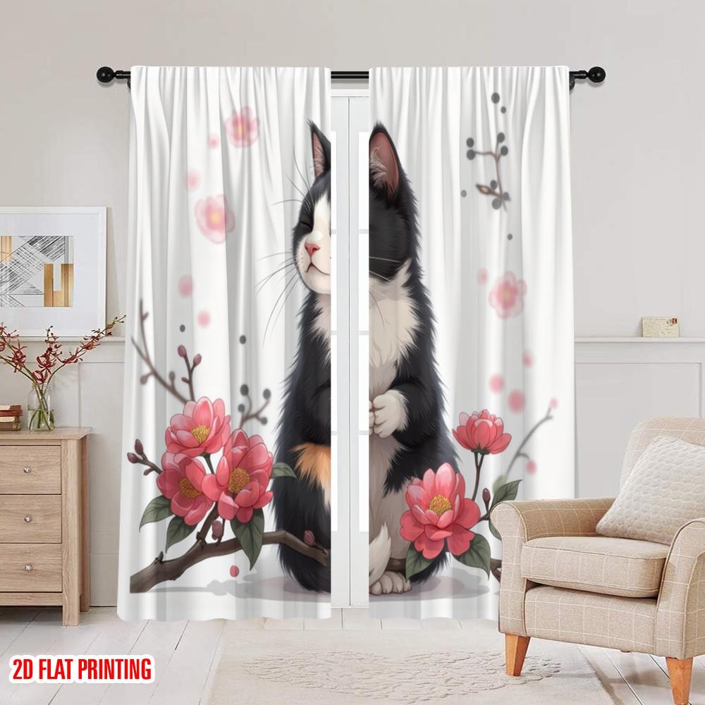 2pcs,2D Plane Printing Contemporary Curtains Zen Cat Blossom Polyester Easy Install (without Rod) Versatile All Perfect for
