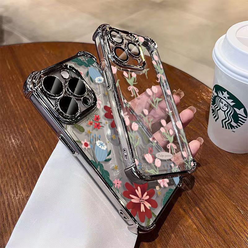 Case For iPhone 14 13 Pro Max 6 7 8 Plus 17 Air X XR XS Max Plating Violet Flowers Shockproof Transparent Soft Cover