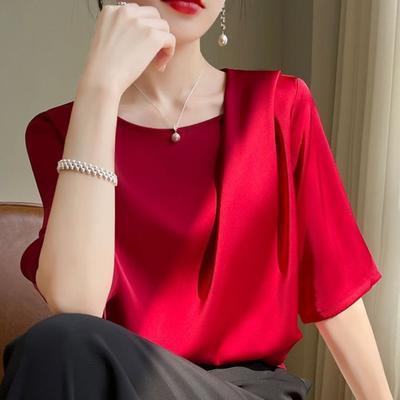Mode Lässig Locker Damen Einfarbige Seide Kurzarm T-Shirt Schlichtheit Elegant Trend Temperament Pullover Rundhals