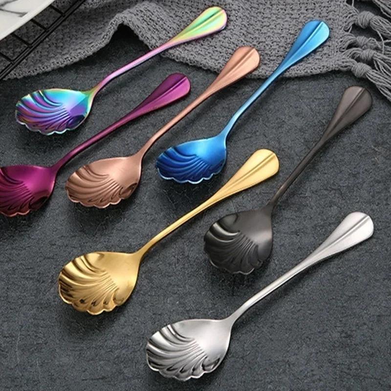 Shell Shape Stainless Steel Coffee Spoon Teaspoons Ice Cream Scoops Sugar Dessert Rainbow Tableware Kitchen Tool Accessories