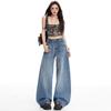 Spring Summer Vintage Paris Buckle Slub Denim Relaxed Wide Leg Denim Pants For Women Casual Pants Oversize Denim Trousers