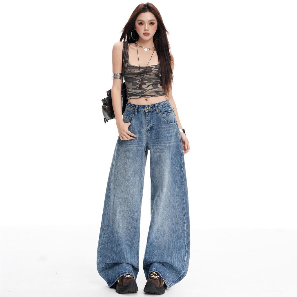 Spring Summer Vintage Paris Buckle Slub Denim Relaxed Wide Leg Denim Pants For Women Casual Pants Oversize Denim Trousers