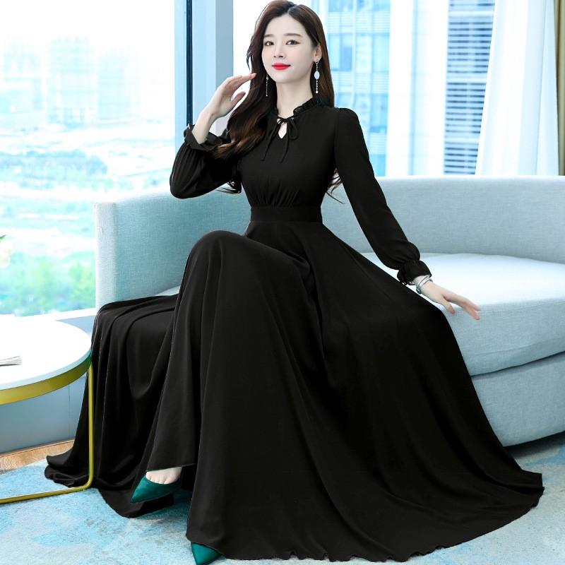 Women's Spring Summer and Autumn Four Seasons Models of Solid-coloured Tie Waist Thin Temperament Chiffon Swing Dress Long-sleeved Dresses