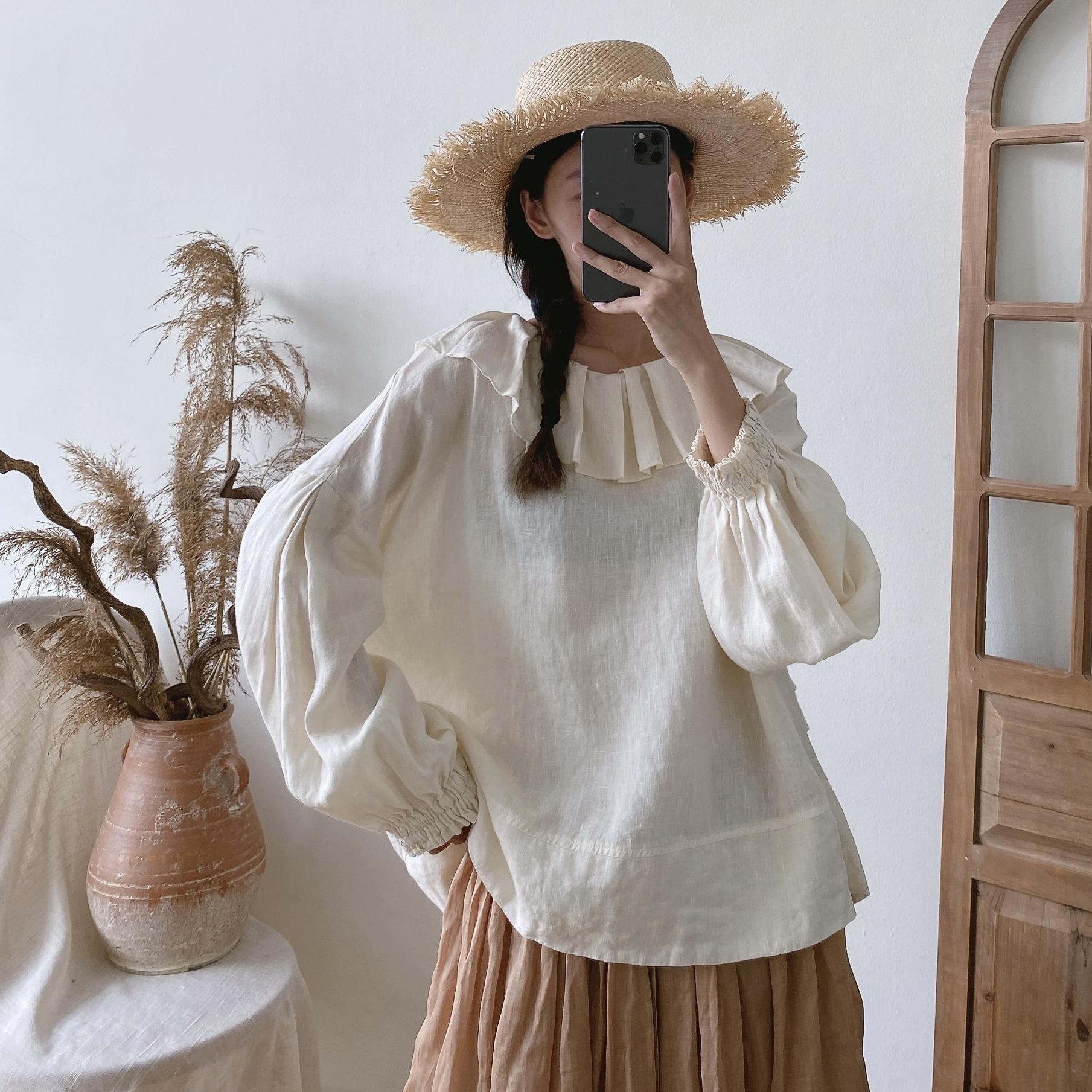 

Простые винтажные льняные женские однотонные рубашки Johnature с оборками на воротнике, весенне-осенние свободные универсальные женские блузки One Size бежевый