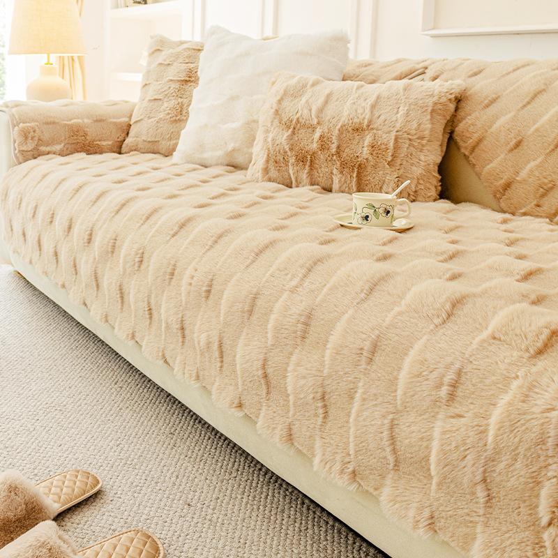 Faux Rabbit Fur Winter Sofa Cushion Solid Color Thickened Warm Sofa Cover Living Room Decoration High-End Anti Slip Sofa Blanket