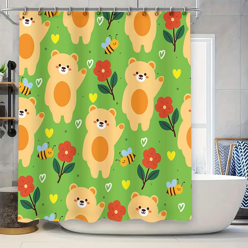 

Bright Green Shower Curtain With Cartoon Animal Design For Bathroom Decoration Bear, Honey Bee, Cherry Blossom Print Pattern W60H190(CM)-1 Pcs
