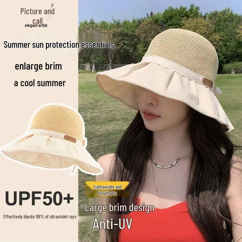 Korean-Style Women's Wide Brim Sun Hat with Bow and Face Mask - Versatile Outdoor UV Protection Hat for Adults