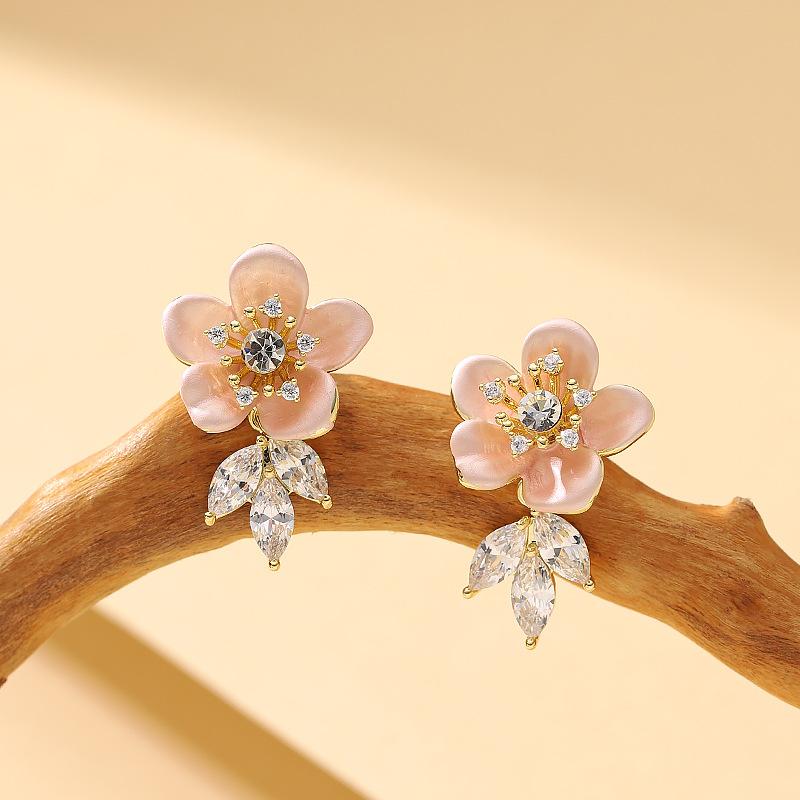 Mori Sweet Temperament Small Fresh Dripping Oil Inlaid Zircon Flower Earrings Women's Light Luxury Simple High-end Super Fairy Earrings
