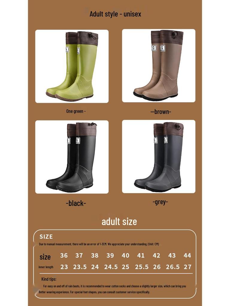 Stylish Unisex High-Top Rain Boots: Waterproof, Splash-Proof, Windproof, with Drawstring and Ribbed Texture for Travel and Wading.