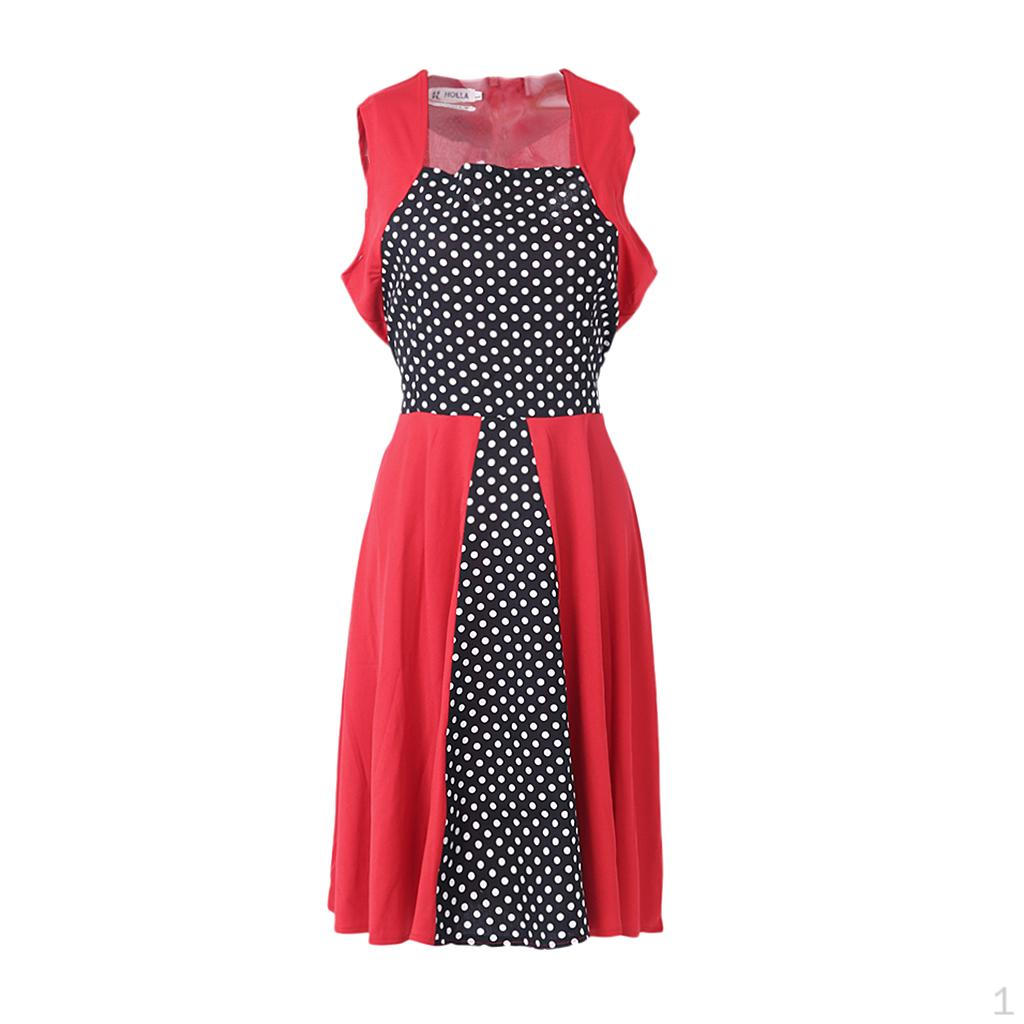 Ladies Vintage Polka Dots Sleeveless Dress Square Neck Color Blocking Midi L
