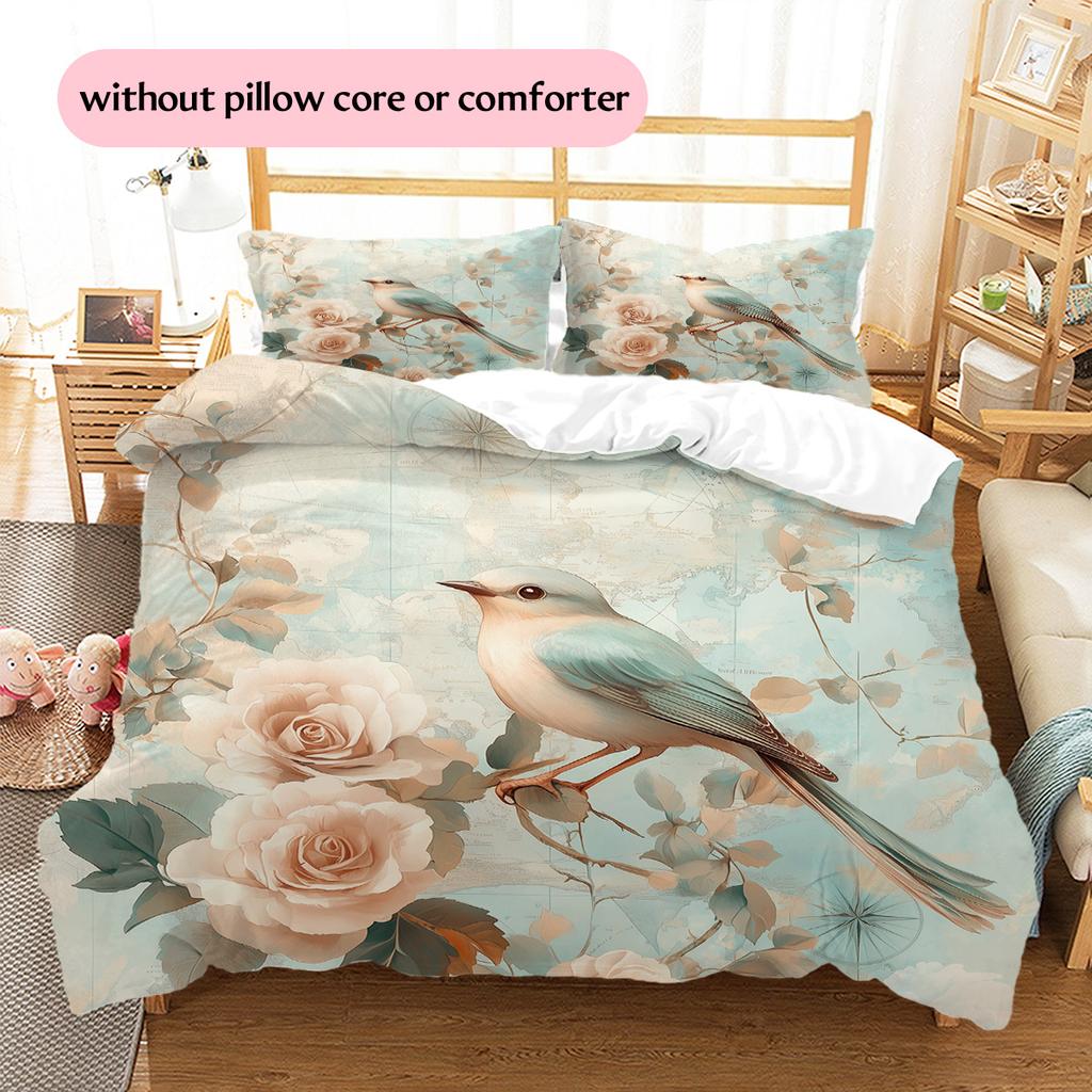 Map Flower Bird Pattern Bedding Quilt Set  Home Decoration  Gift (1 * duvet cover + 2 * pillowcase  without core)