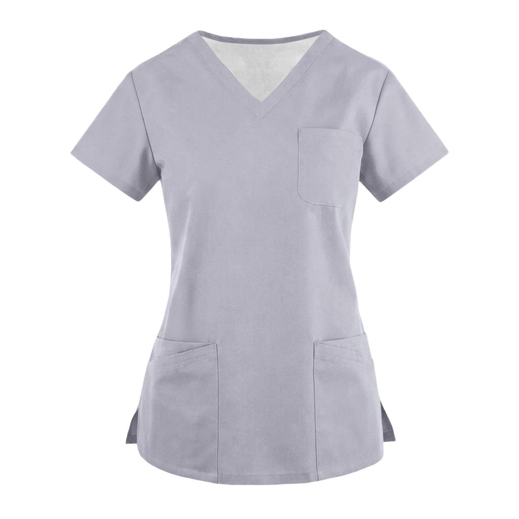 Women's Fashionable Loose-Fit Short-Sleeve V-Neck Pocket Blouse With Slit