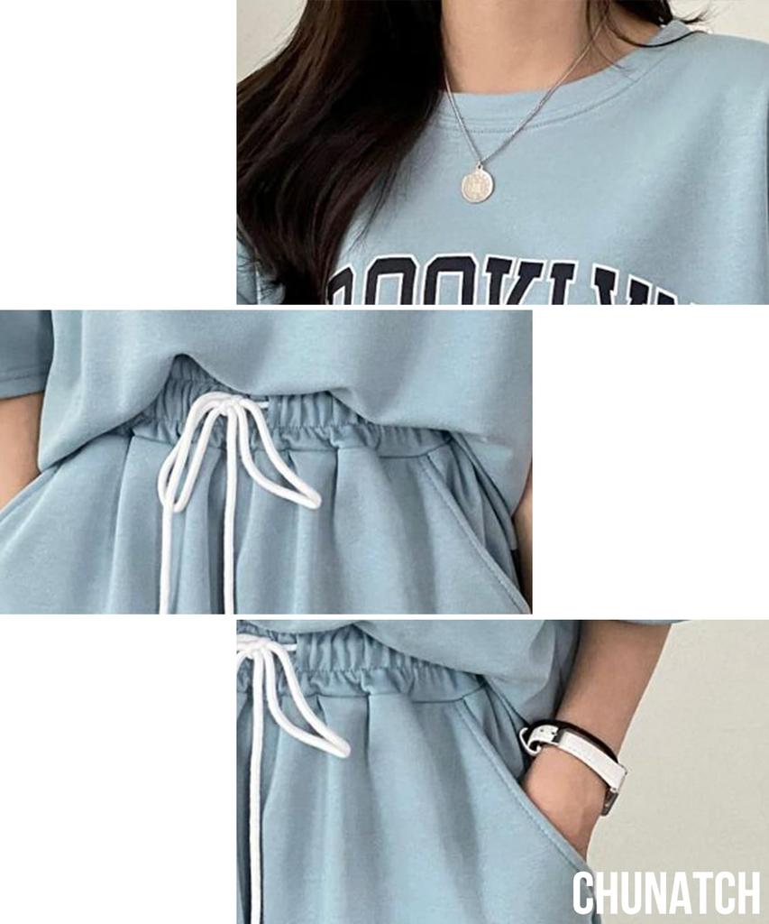 Chunach Relaxwear Set and Shorts and Short Logo Matching Solid Loose Plus Sizes Natural (Top Bottoms), T-Shirt, Sleeves, Loungewear, Print, Spring,