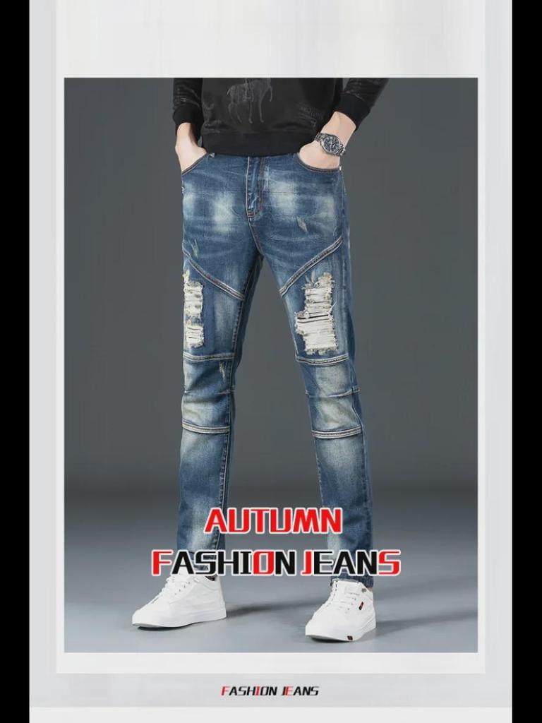 Men's Ripped Embroidered Skinny Jeans - Fashionable Elastic Slim Fit Pants