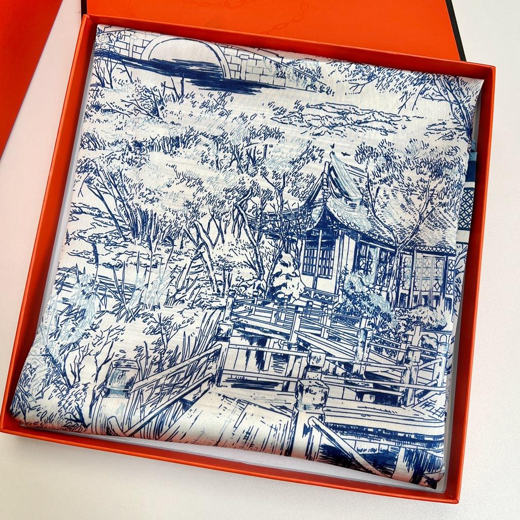 Shiyun Jiangnan Ink Painting Wind Garden 100% Mulberry Silk Retro Versatile Color Matching 90 Square Scarf Neck Protection Small Scarf,