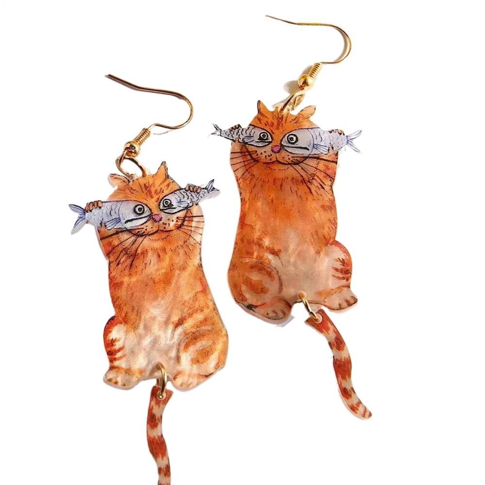 

Acrylic Flat 2D Cat Earrings A Pair Of Creative Cute Kitten Eating Fish Earrings Exquisite Jewelry New Year Birthday Gifts