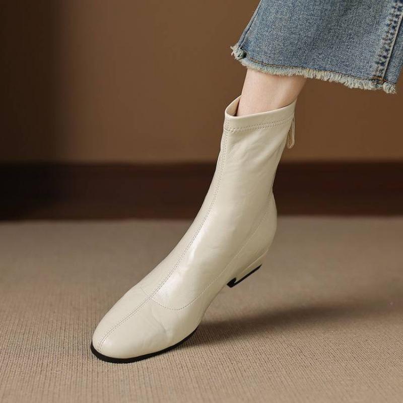 Autumn and winter solid color leather medium boots rear zipper middle heel square head beef tendon soft sole new women's large size fashion boots