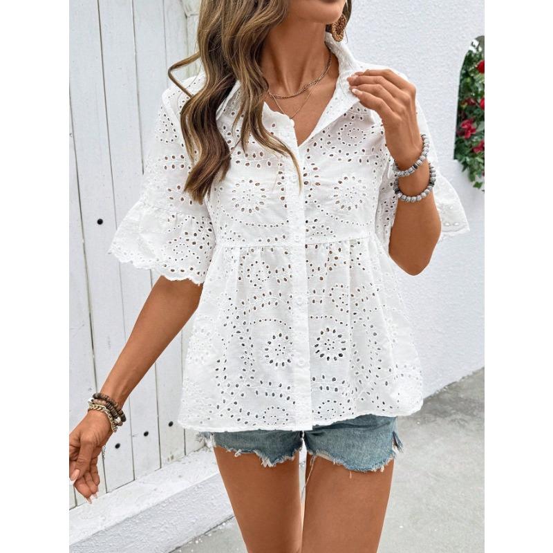 Womens Eyelet Embroidery Peplum Shirt With Point Collar And Ruffle Short Sleeve Casual Blouse