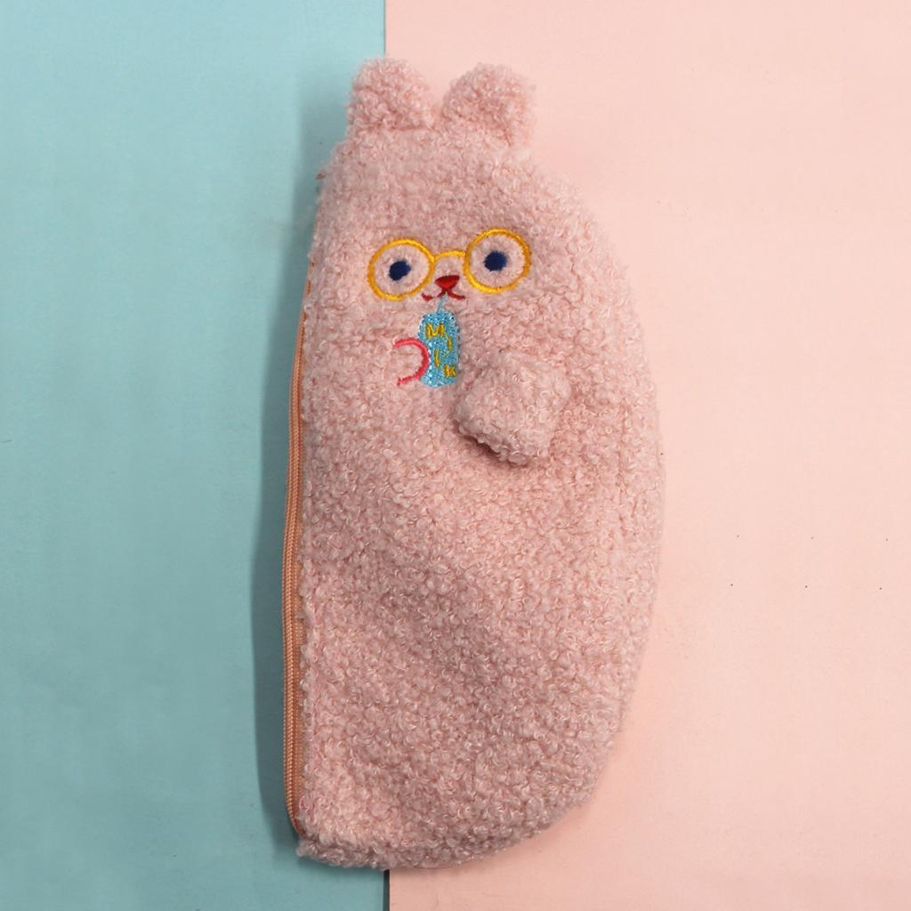 Niedliches Cartoon-Stickerei Plüsch-Federmäppchen Wow Schreibwaren Federmäppchen mit großer Kapazität Mädchen Kosmetiktasche Aufbewahrungstasche