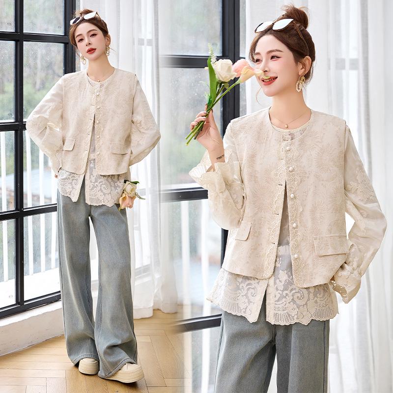

Весна 2025 Новый китайский хлопково-льняной жаккардовый жилет и кружевная блузка, комплект из двух предметов L (115-125 jin)