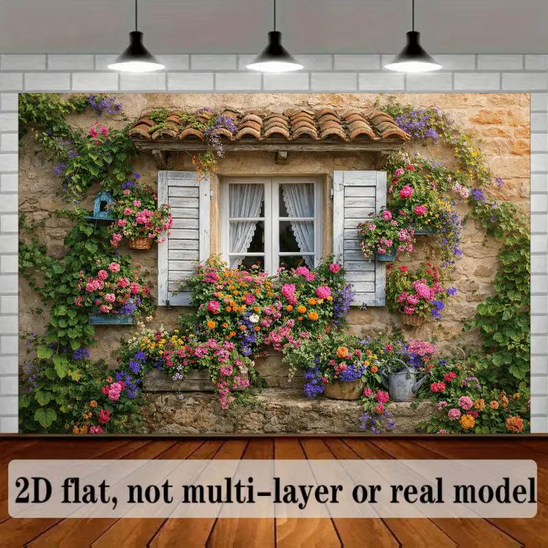 2D Vintage Stone House with Flower Boxes & Ivy Backdrop Photo Background