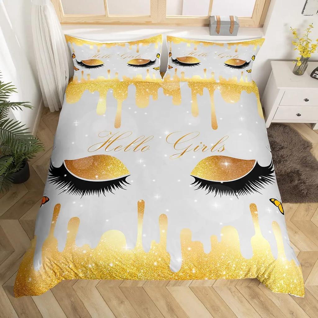 Women Eyelash King Queen Duvet Cover Glitter Galaxy Bedding Set Pink Sequin Ink Fluid Art Quilt Cover Polyester Comforter Cover