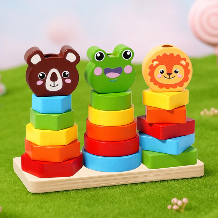 Wooden Animal Tower Toy for Color Set Colorful Cylinders Hand-Eye Coordination Exercise  Intelligence Development Birthday Kids