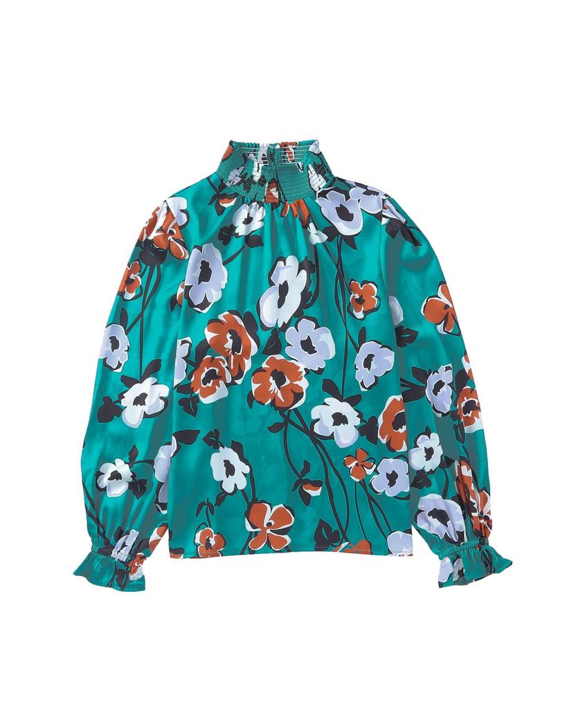 Azura Exchange Printed Smocked Mock Neck Blouse