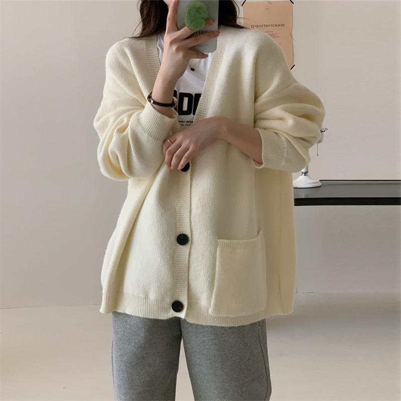 Autumn Women Sweater Knitting Basic Fashion Tops Tees Pockets Cardigan Long Sleeve Korea Shirt Loose Casual Show Thin Coat